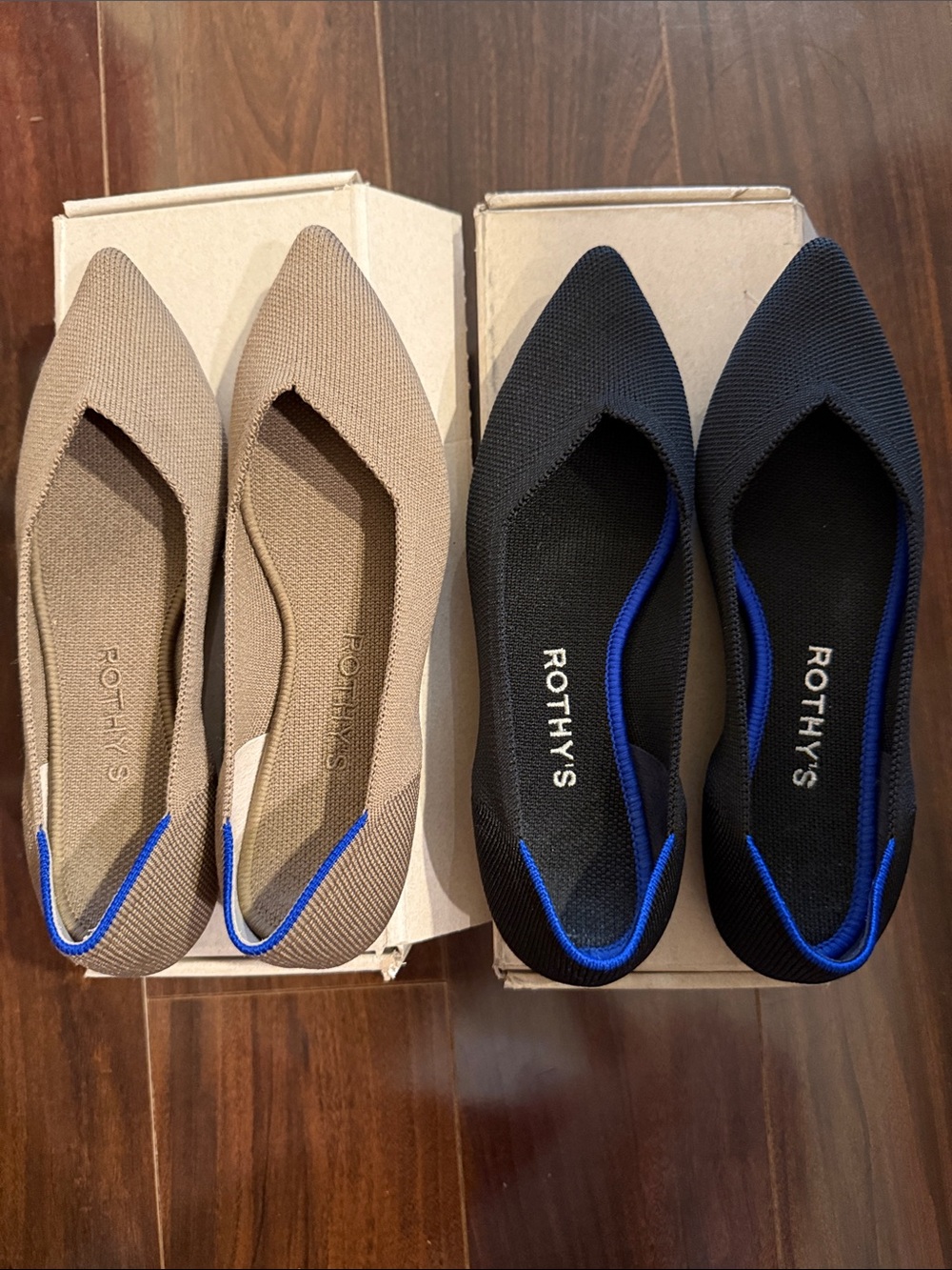 Bundle Set of 2 Rothy's Pointed Toe Flats in Black and Taupe with Blue Trim